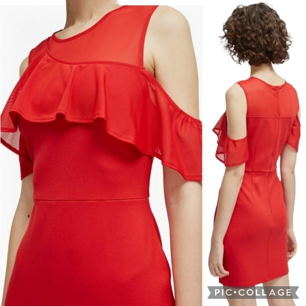 FRENCH CONNECTION Asymmetric Exposed Shoulder Dress Ruffle Mini Red XS 2 - Picture 4 of 9